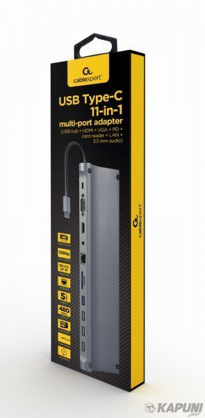 Док станція USB-C 11-в-1 (USB-хаб + HDMI/VGA/PD/картридер/LAN/3.5-мм аудіо), сірий Cablexpert A-CM-COMBO11-01 A-CM-COMBO11-01 фото