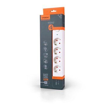 Мережевий удлинитель VIDEX ONCORD с/с 4п 3м (3x1.5мм) 3.4А USB(QC3.0) +USB-C(PD20W) с кнопкою White VF-PD43G1QC1PD-W 27695 фото