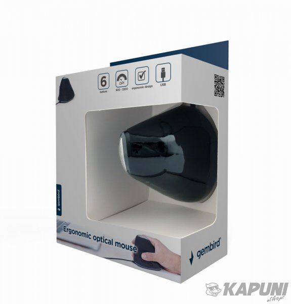 Оптична ергономічна миша, USB інтерфейс, 3200 dpi, чорний Gembird MUS-ERGO-03 MUS-ERGO-03 фото