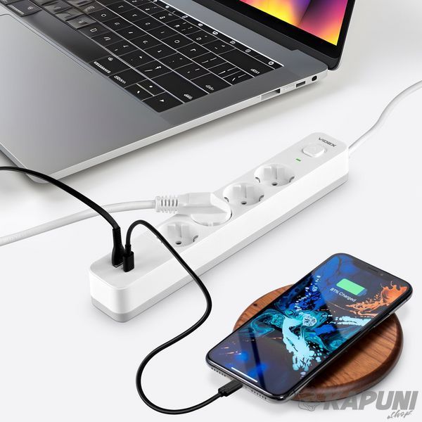 Мережевий удлинитель VIDEX ONCORD с/с 4п 3м (3x1.5мм) 3.4А USB(QC3.0) +USB-C(PD20W) с кнопкою White VF-PD43G1QC1PD-W 27695 фото