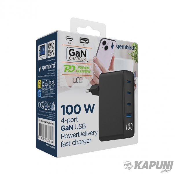Сетевое зарядное устройство для Gembird 1xUSB-A (QC3.0 30W)+3xType-C (PD 100W), черный TA-UC-PDQC100LCD-01-BK TA-UC-PDQC100LCD-01-BK фото