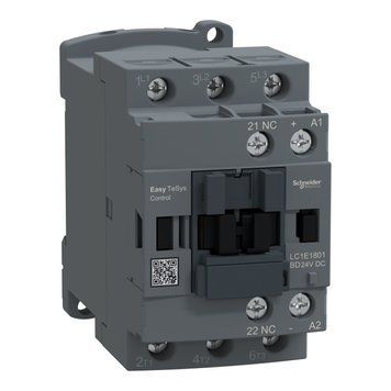 Контактор Schneider Electric EasyTeSys триполюсний 18 А/400 В категорія застосування для електродвигунів + 1 нормально закритий допоміжний контакт напруга котушки 28 В постійного струму LC1E1801BD LC1E1801BD фото