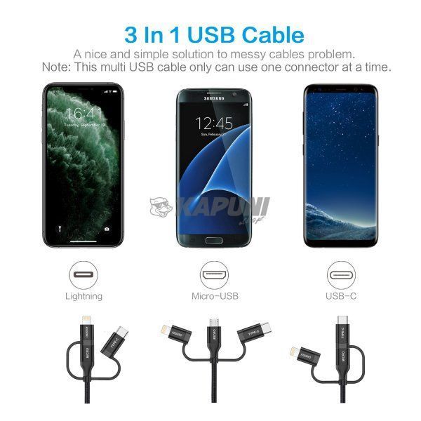Кабель USB 2.0, MFI, AM-тато/Lightning/Micro/Type-C USB, 1.2 м, IP0030-BK IP0030-BK фото