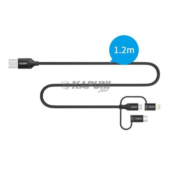 Кабель USB 2.0, MFI, AM-тато/Lightning/Micro/Type-C USB, 1.2 м, IP0030-BK IP0030-BK фото