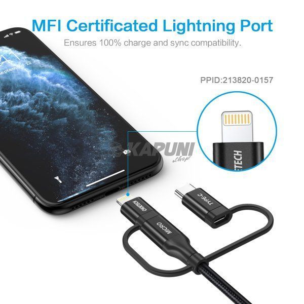 Кабель USB 2.0, MFI, AM-тато/Lightning/Micro/Type-C USB, 1.2 м, IP0030-BK IP0030-BK фото