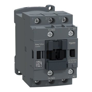 Контактор Schneider Electric EasyTeSys триполюсний 18 А/400 В категорія застосування для електродвигунів +1 нормально відкритий контакт напруга котушки 28 В постійного струму LC1E1810BD LC1E1810BD фото