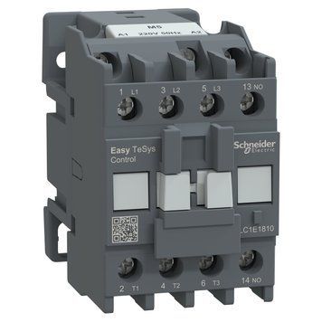 Контактор Schneider Electric триполюсний EasyTeSys 1 нормально відкритий контакт 18 А категорія застосування для електродвигунів 220 В змінного струму 50 гц LC1E1810M5 LC1E1810M5 фото