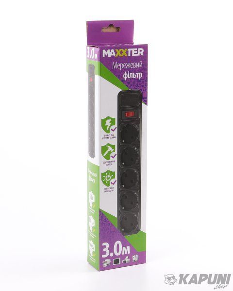 Сетевой фильтр, черный, 3 м кабель, 5 розеток Maxxter SPM5-G-10B SPM5-G-10B фото