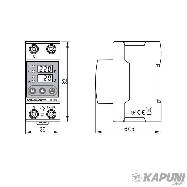 Реле контролю напруги и струму VIDEX RESIST 145-300В 1-63А VF-RS-RNT63 27123 фото