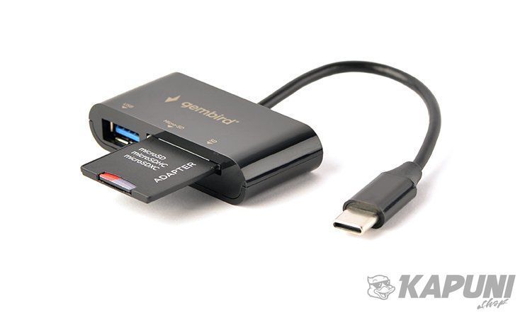 Type-C кардридер Gembird выход - USB 2.0, SD+Micro-SD, пластик, черный UHB-CR3-02 UHB-CR3-02 фото
