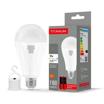 LED лампа аккумуляторная TITANUM A80 12W E27 4000K 230V TL-EMA80-12274 29152 фото