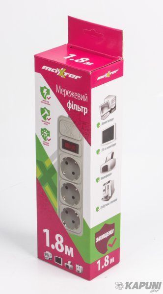 Мережевий фільтр, сірий, 1.8 м кабель, 3 розетки Maxxter SPM3-G-6G SPM3-G-6G фото