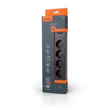 Мережевий удлинитель VIDEX ONCORD с/с 4п 3м (3x1.5мм) 3.4А USB(QC3.0) +USB-C(PD20W) с кнопкою Black VF-PD43G1QC1PD-B 27696 фото