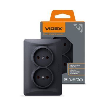 Розетка двойная черный графіт VIDEX BINERA, 250 V, IP20 VF-BNSK2-BG 24471 фото