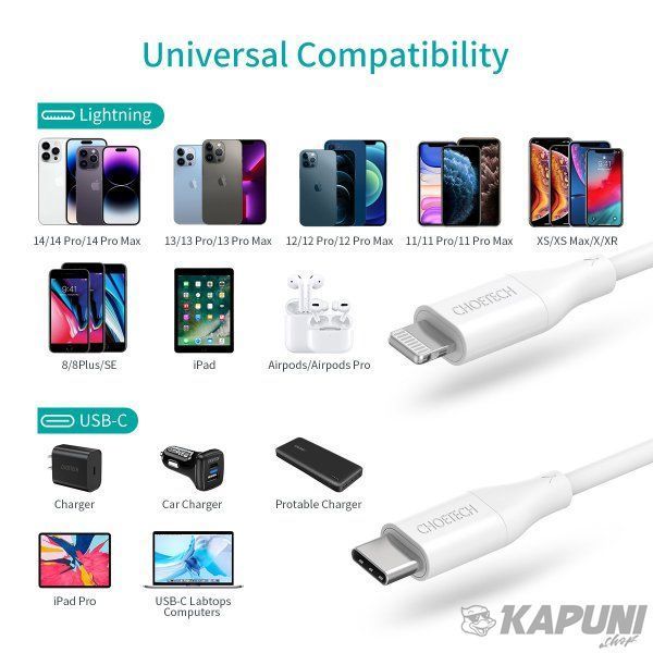 Кабель MFI, USB 2.0 Power Delivery (PD), C-тато/Lightning, 1 м, IP0040-WH IP0040-WH фото