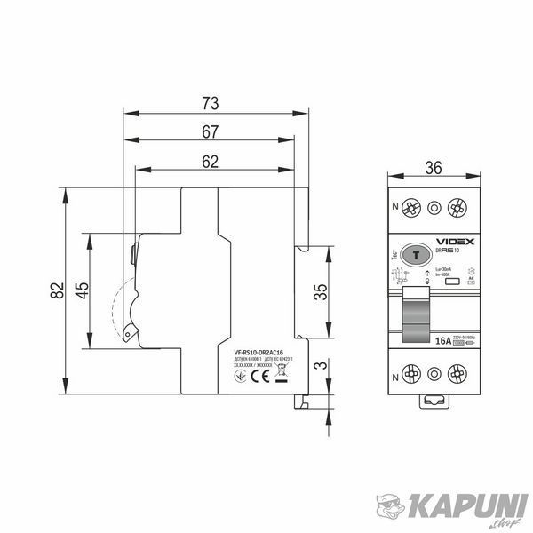 Дифференциальное реле VIDEX RESIST АС 2п 30мА 10кА 16А VF-RS10-DR2AC16 27104 фото