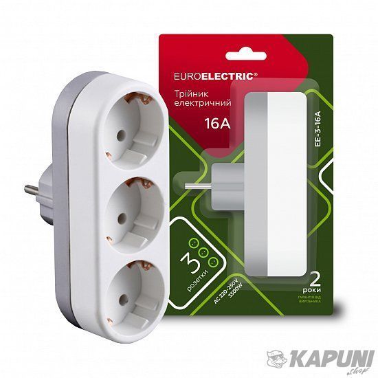 Сетевой тройник с заземлением X3, 16A EUROELECTRIC EE-3-16A фото