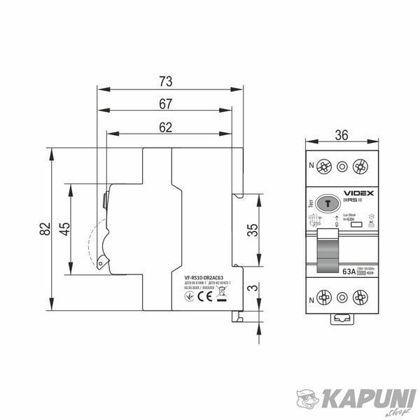 Диференційне реле VIDEX RESIST АС 2п 30мА 10кА 63А VF-RS10-DR2AC63 27107 фото