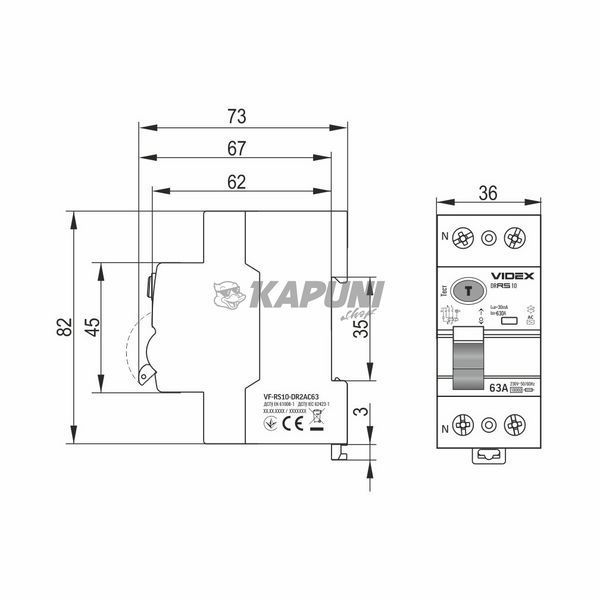 Диференційне реле VIDEX RESIST АС 2п 30мА 10кА 63А VF-RS10-DR2AC63 27107 фото