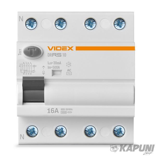 Дифференциальное реле VIDEX RESIST АС 4п 30мА 10кА 16А VF-RS10-DR4AC16 27108 фото