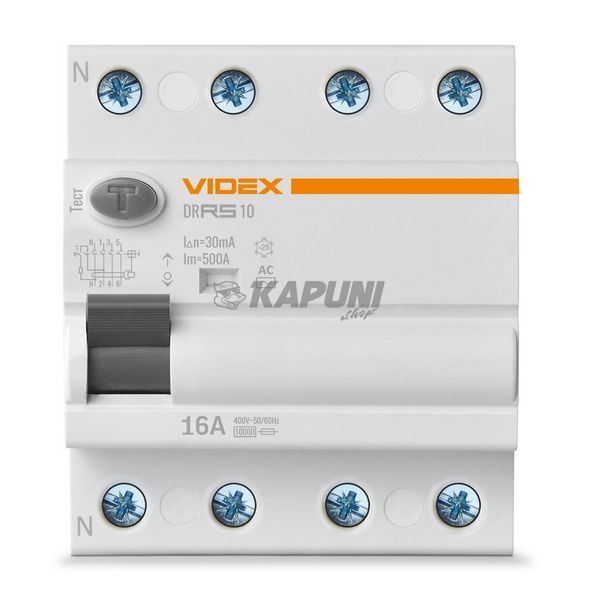 Диференційне реле VIDEX RESIST АС 4п 30мА 10кА 16А VF-RS10-DR4AC16 27108 фото