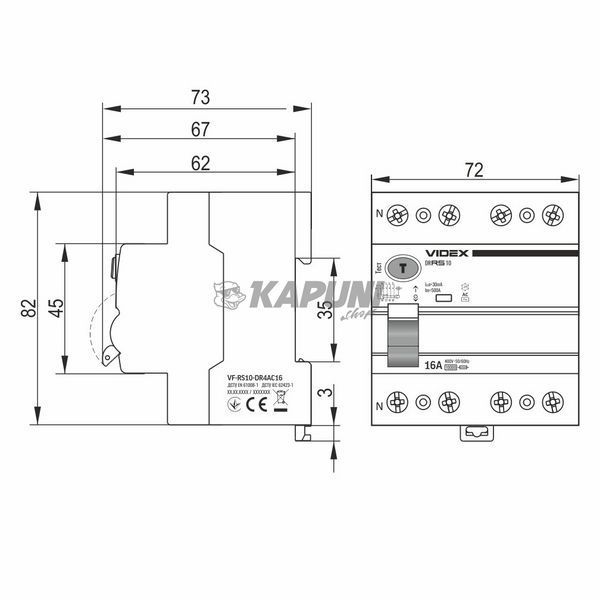 Диференційне реле VIDEX RESIST АС 4п 30мА 10кА 16А VF-RS10-DR4AC16 27108 фото