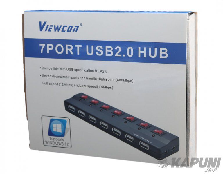 Хаб USB 2.0, 7 портів, 2 A, з блоком живлення, з вимикачами Viewcon VE411 VE411 фото