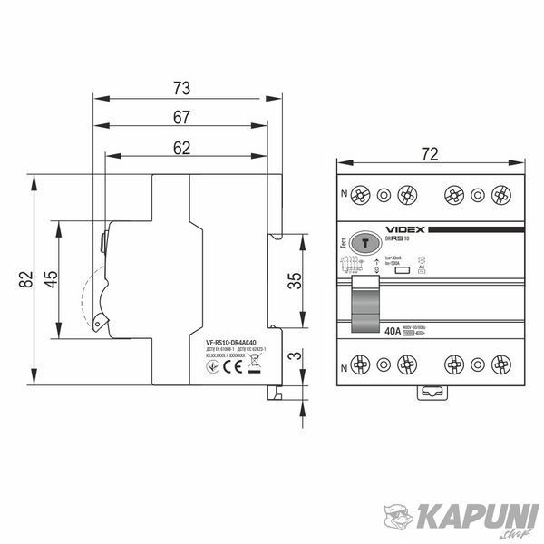Дифференциальное реле VIDEX RESIST АС 4п 30мА 10кА 40А VF-RS10-DR4AC40 27110 фото