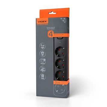 Мережевий удлинитель VIDEX ONCORD с/с 4п 3м (3x1.5мм) с кнопкою Black VF-PD43G-B 27688 фото