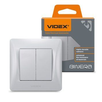 Вимикач двоклавішний срібний шовк VIDEX BINERA, 250 V, IP20 VF-BNSW2-SS 24893 фото