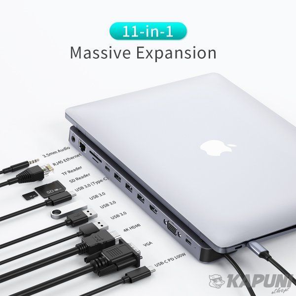Док станція USB-C 11-в-1 (HDMI/VGA/LAN/картридер/USB-A/USB-C/Audio), алюміній Choetech HUB-M20-GY HUB-M20-GY фото
