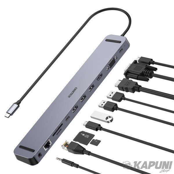 Док станція USB-C 11-в-1 (HDMI/VGA/LAN/картридер/USB-A/USB-C/Audio), алюміній Choetech HUB-M20-GY HUB-M20-GY фото