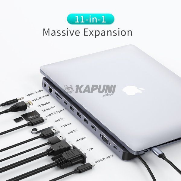 Док станция USB-C 11-в-1 (HDMI/VGA/LAN/картридер/USB-A/USB-C/Audio), алюминий Choetech HUB-M20-GY HUB-M20-GY фото