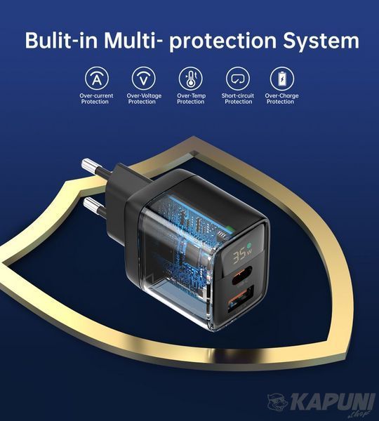 Мережевий зарядний пристрій, GaN, USB-A/USB-C, 35Вт, QC3.0/PD/PPS Choetech PD6052-EU-BK фото