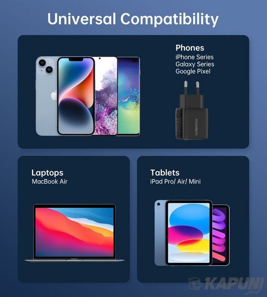 Мережевий зарядний пристрій, GaN, USB-A/USB-C, 35Вт, QC3.0/PD/PPS Choetech PD6052-EU-BK фото