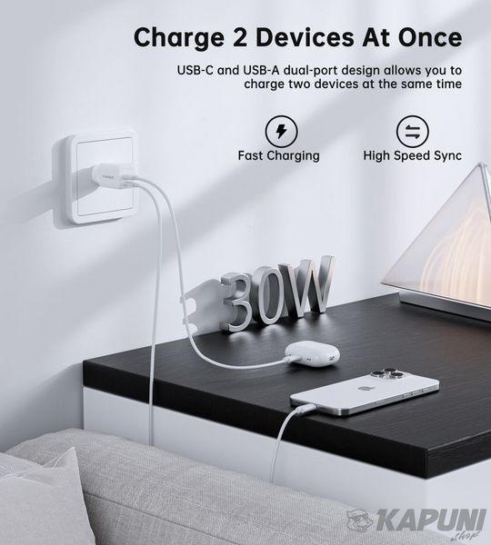 Мережевий зарядний пристрій, USB-A/USB-C, 30Вт, QC3.0/PD/PPS Choetech PD5012-EU-WH фото