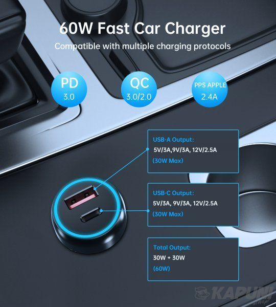 Автомобільний зарядний пристрій Choetech 60W USB + Type-C Black (TC0014-BK) TC0014-BK фото