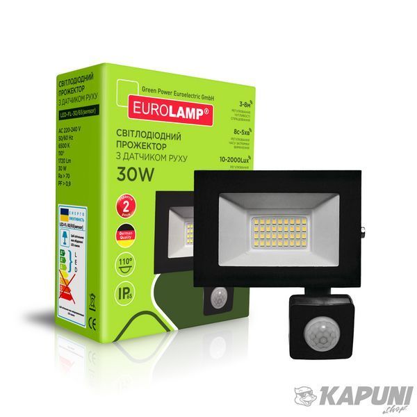LED Прожектор чорний з датчиком руху 30W 6500K EUROLAMP LED-FL-30/65(sensor) фото