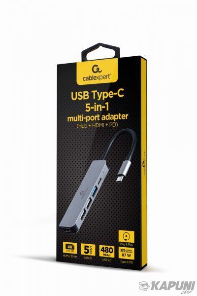 Док станция USB-C 5-в-1 (хаб/HDMI/PD), серый Cablexpert A-CM-COMBO5-03 A-CM-COMBO5-03 фото