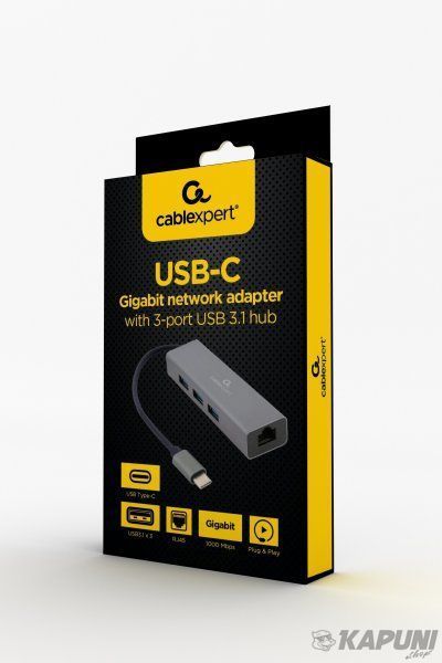 Адаптер, с USB-С на Gigabit Ethernet, 3 Ports USB 3.1 Gen1 (5 Gbps), 1000 Mbps, металл, серый Cablexpert A-CMU3-LAN-01 A-CMU3-LAN-01 фото
