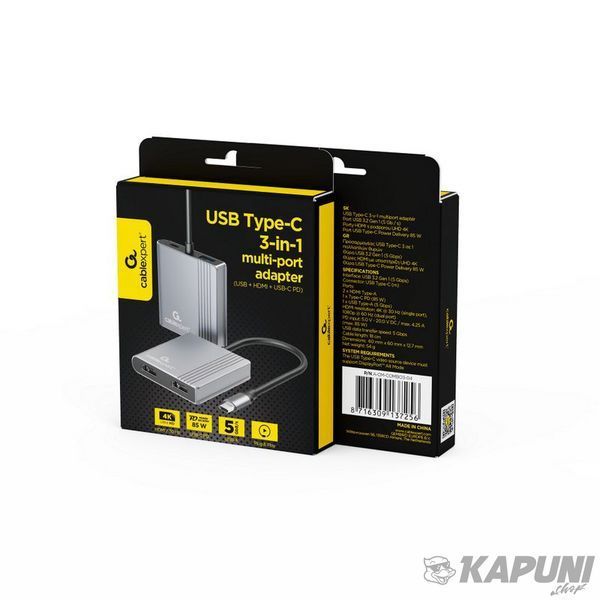 Док станция USB-C 3-в-1 (USB/HDMI/PD), серый Cablexpert A-CM-COMBO3-04 фото