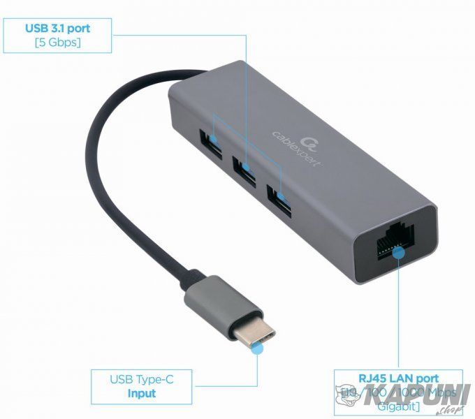 Адаптер, с USB-С на Gigabit Ethernet, 3 Ports USB 3.1 Gen1 (5 Gbps), 1000 Mbps, металл, серый Cablexpert A-CMU3-LAN-01 A-CMU3-LAN-01 фото