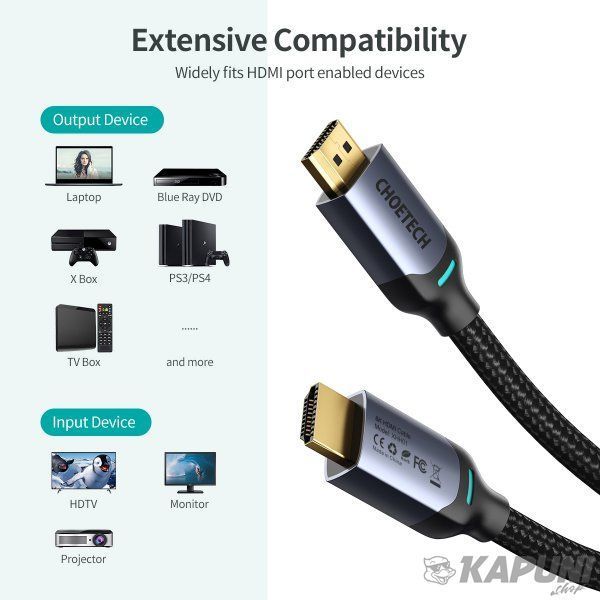 Кабель у коробці HDMI V.2.1, 8К 60 Гц, HDR10, HLG, 48Gbps, YUV 4:4:4, позолочені конектори, 2 м Choetech XHH01-BK XHH01-BK фото