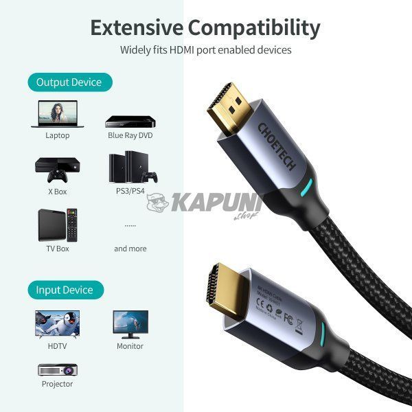Кабель в коробке HDMI V.2.1, 8К 60 Гц, HDR10, HLG, 48Gbps, YUV 4:4:4, позолоченные коннекторы, 2 м Choetech XHH01-BK XHH01-BK фото