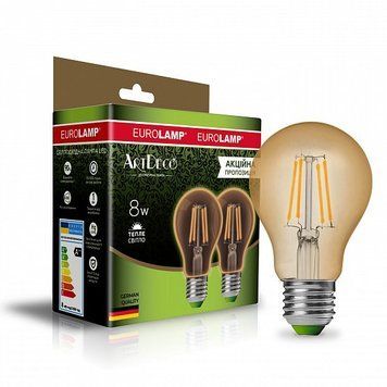 LED Лампа EUROLAMP филамент A60 8W-E27-2700K "1+1" MLP-LED-A60-08273(Amber)new фото