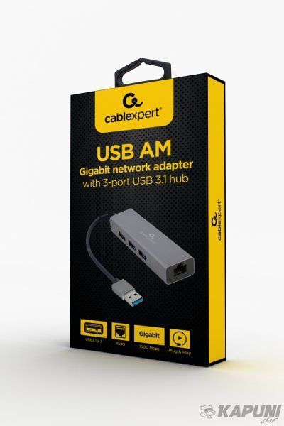Адаптер, с USB-A на Gigabit Ethernet, 3 порта USB 3.1 Gen1 (5 Gbps), 1000 Mbps, металл, серый Cablexpert A-AMU3-LAN-01 A-AMU3-LAN-01 фото