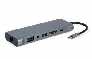 Док станция USB-C 8-в-1 (USB хаб 3.0/HDMI/DisplayPort/VGA/PD/картридер/гигабитная сеть/стерео-аудио) Cablexpert A-CM-COMBO8-01 A-CM-COMBO8-01 фото