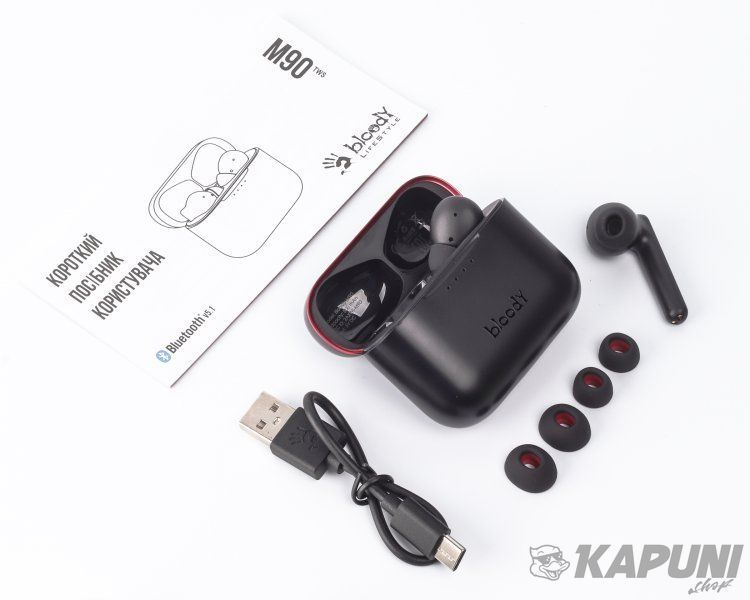 Навушники вакуумні вкладиші, бездротові, бездротова зарядка Bloody M90 Bloody (Black+Red) #N/A фото