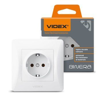Розетка одинарная с заземлением белая VIDEX BINERA, 250 V, IP20 VF-BNSK1G-W 24429 фото