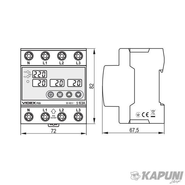 Трифазне реле контролю напруги и струму VIDEX RESIST 145-300В 1-63А VF-RS-3RNT63 27484 фото